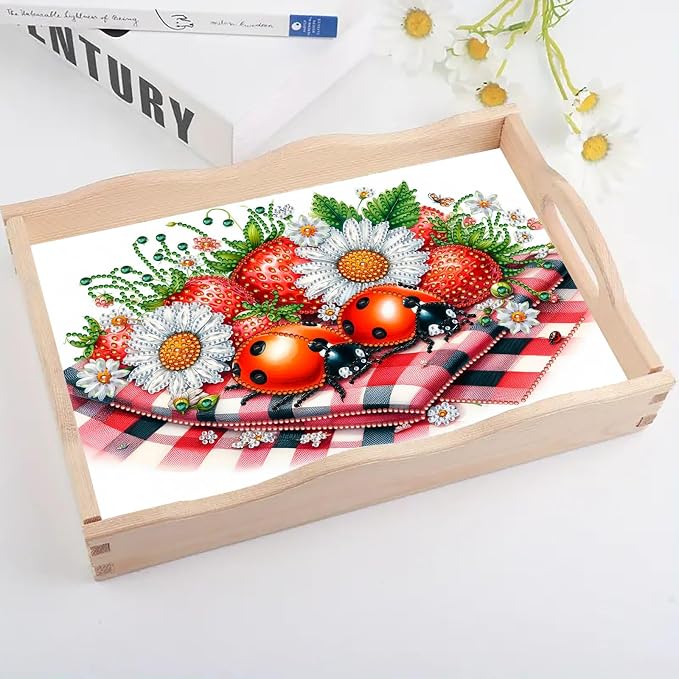 BAYUNOE DIY Diamond Serving Tray Christmas Rectangular Breakfast Tray with Handle Handmade Diamond Art Painting Wooden Tray for Dinner Plate Coffee Room Living Home Organizer-Strawberry