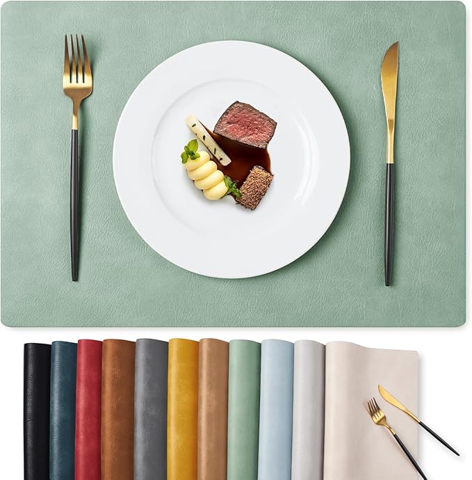 MOSAYT Vinyl Placemats Set of 4-12 X 17 Inch - Faux Leather 100% Waterproof Oil-Proof Wipeable PU Place Mats, Heat Resistant Reversible Table Mats for Kitchen, Dining, Outdoor, Green