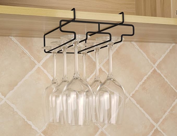 Wine Glass Holder - Stemware Rack Under Cabinet - Hanger Storage Shelf, Fit for The Cabinet 0.8“ or Less (black, 2 Rows)