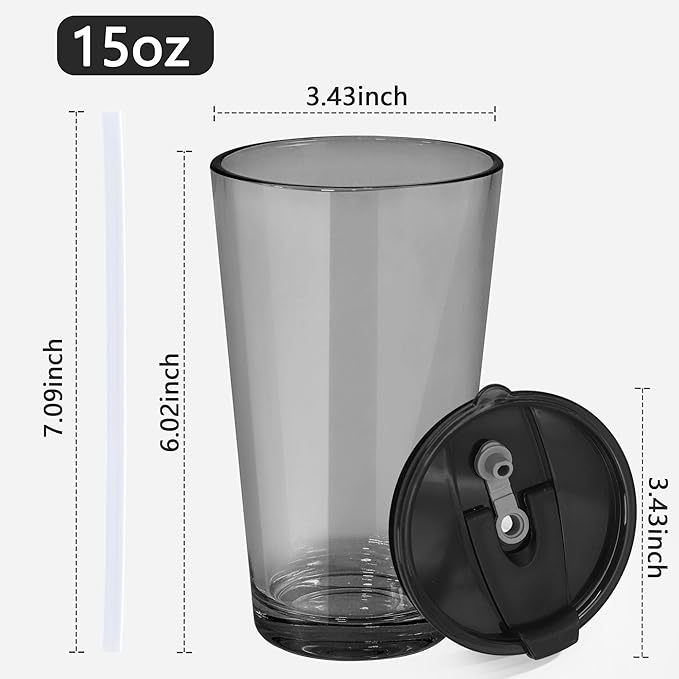 15oz Glass Iced Coffee Cup Set of 2 with Lid and Straw, Thick Leak Proof Drinking Glasses Tumbler for Gift, Cold Drink, Smoothie, Boba Tea (Gray & Clear)