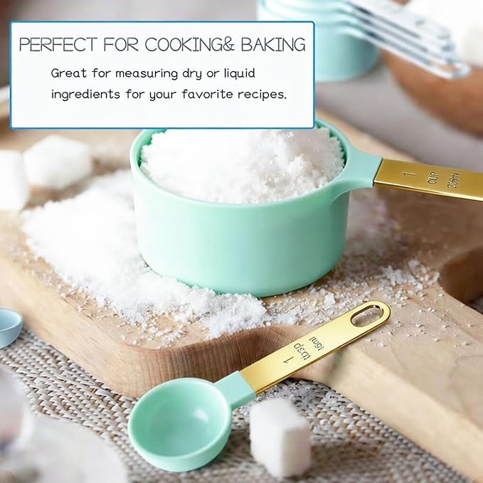 10-Piece Measuring Cups and Spoons Set, PP with Sturdy Titanium Gold Plated Handles, Nested Kitchen Measuring Tools for Dry and Liquid Ingredients,Mint Green