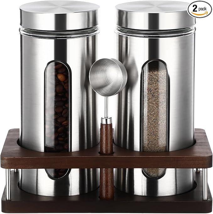 Suclain Stainless Steel Coffee Grounds Canisters with Shelf 2 x 50oz Sugar Coffee Bean Storage Container with Airtight Threaded Lid Glass Window Scoop Kitchen Jar Set for Bar Creamer Nut Tea