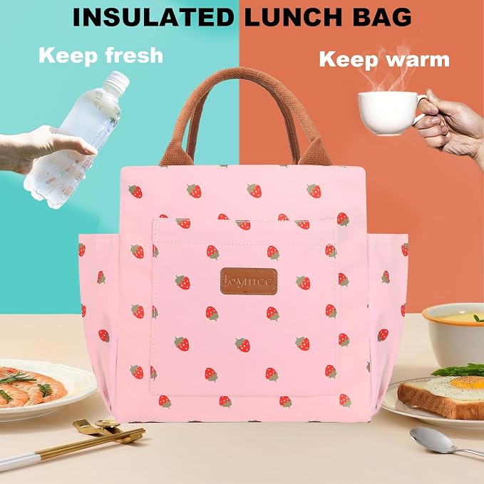 Joymee Insulated Lunch Bag For Women Reusable Lunch Box - Strawberry Pink | Spacious Storage, Bottle Holder & Pockets, Leakproof Insulated, for Work, Travel, Picnic, Daily Use, for Adult