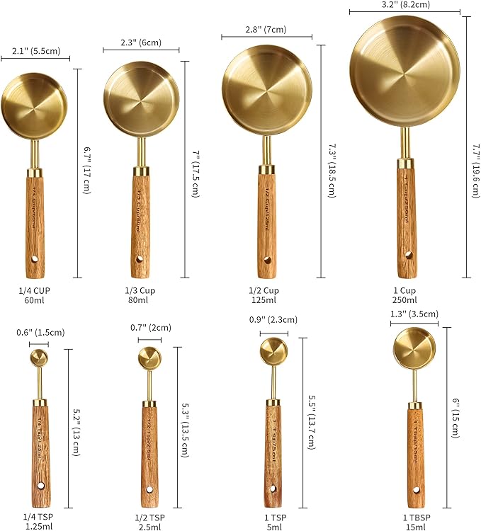 GuDoQi 8Pcs Gold Measuring Cups and Spoons Set, Wooden Handle, Premium Stainless Steel with Metric & US Measurements, Nesting for Dry/Liquid Kitchen/Food/Baking