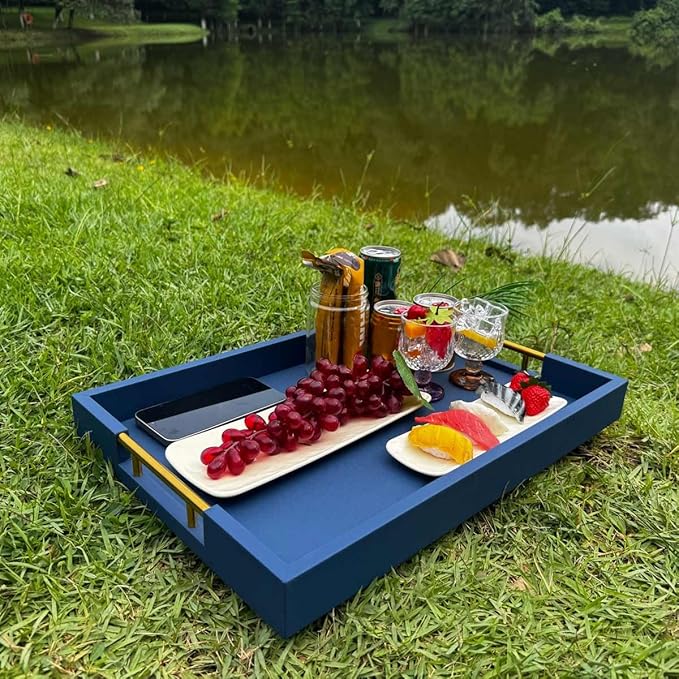 14x20 Inches Blue Faux Leather Wrapped Wood Serving Tray with Metal Handles for Various Occasions, Ottoman, Home Decor Decorative, Living Room, Coffee Table Organizer, Serving Breakfast On Bed