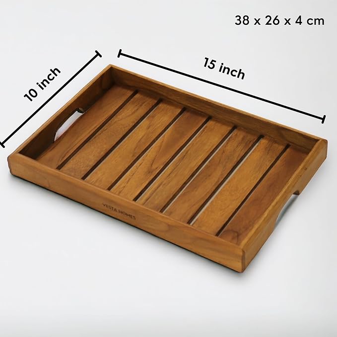 Vesta Homes Large Teak Wood Serving Tray for Home, Kitchen, Breakfast, Restaurant, Office Organizer, Dining Table | Premium Wooden Tray |15 * 10 * 1.5 Inches | Handmade in India