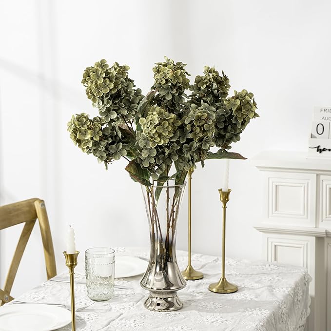 Ttranewsoo Green Hydrangea Artificial Flowers,Fake Fall Flowers Silk Hydrangea with Stems,Fall Faux DIY Floral for Table Vase,Hydrangeas Bouquet Indoor and Outdoor Decoration 24"（ Green） 8pcs No Vase