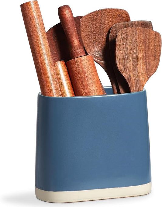 ONEMORE Large Ceramic Utensil Crock with Cork Mat, Oval Kitchen Utensil Holder for Countertop, Farmhouse Cooking Utensil Organizer Caddy for Spatula, Blue