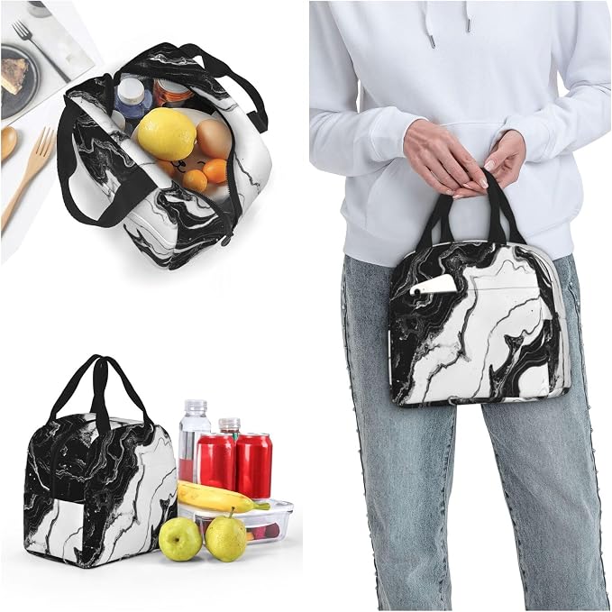 Insulated Lunch Bag Marble Black White Liquid Abstract, Leakproof Lunch Tote for Work School, Reusable Lunch Box Cooler for Adults Students, Compact Lunch Bag for Office College Picnic