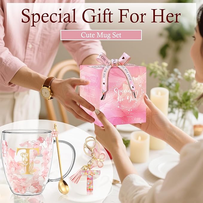 Personalized Gifts for Women Flower Glass Coffee Mug Initial Tea Cup Monogrammed Customized Bridesmaid Bride Wedding Gifts Graduation Gifts Valentine Mother's Day Birthday Christmas Gift (T)