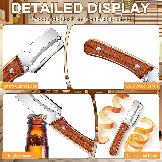2PCS Premium Vegetable Peeler with Wooden Handle and Bottle Opener, Multifunctional Vegetable Peeler, 2-In-1 Stainless Steel Blade Peeler Knife for Potato Fruit Pineapple Pumpkin Papaya Carrot (A)