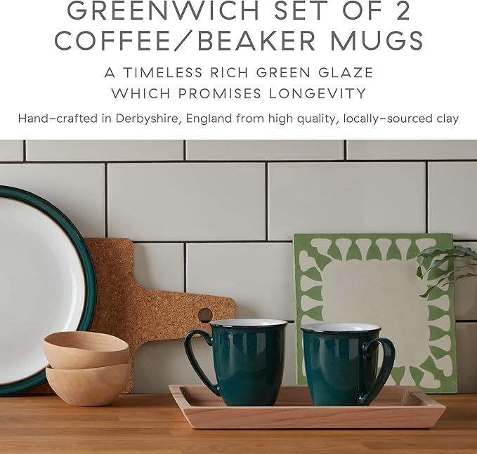 Denby - Greenwich Coffee Breakers Set of 2 - Dishwasher, Oven, Microwave, and Freezer Safe, 330ml (12cm x 10cm x 10cm) Green, White Ceramic Stoneware Tableware - Chip & Crack Resistant