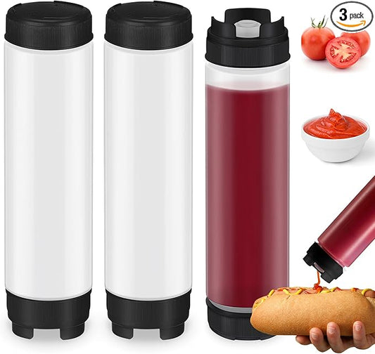 Sabary 3 Pcs 16 oz Inverted Plastic Squeeze Bottles, Refillable Tip Large Valve Dispenser Condiment Squeeze Bottle for Sauces Ketchup Sour Cream Self Sealing Syrup Dispenser for Restaurants (Black)