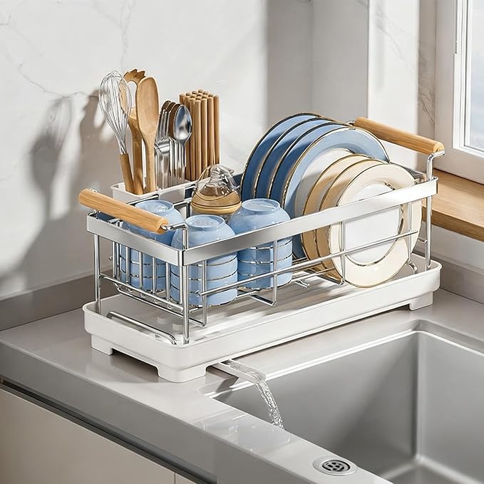 Stainless Steel Dish Drying Rack,304 Grade Rustproof Dish Rack for Kitchen Counter with Drain Board & Detachable Holder (Small & Holder)