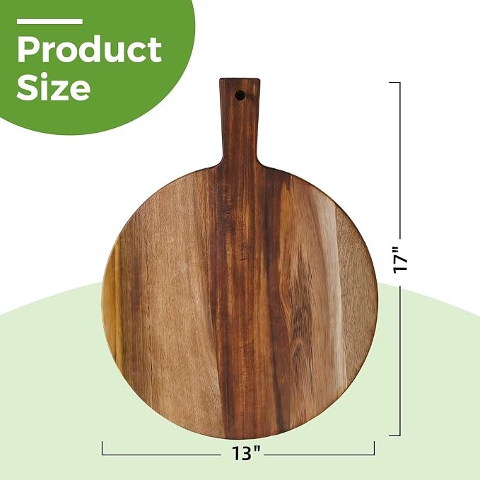 S310 Acacia Wood Round Cutting Board with Handle, Wooden Chopping Board for Meat, Cheese, Bread & Vegetables, Decorative Charcuterie Serving Board for Kitchen Cooking, Pizza & Party Dining, 17"x13"