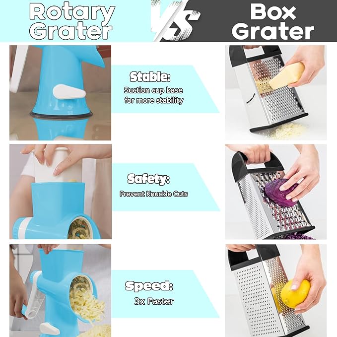 Cheese Grater with Handle,Multifunctional Rotary Cheese Grater,Kitchen Cheese Shredder Can Easily Chop Vegetables,Potatoes,Carrots,Etc.The Suction Cup is Stable and Easy to Clean (dark blue)