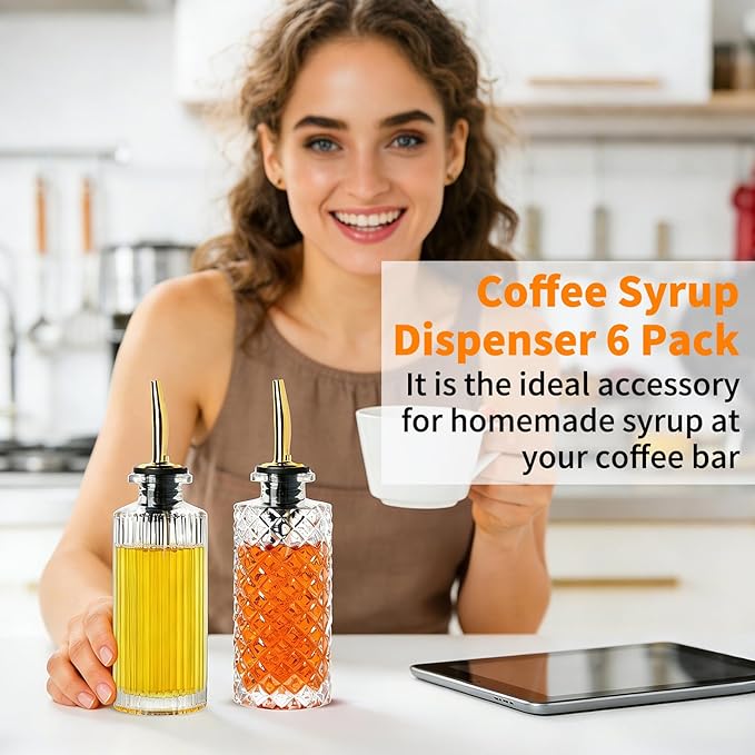 Coffee Syrup Dispenser Bottles Set 6 Pack 7 OZ, Simple Small Glass Syrup Bottles for Coffee Bar with Metal Pour Spout Ideal for Coffee Syrups, Honey