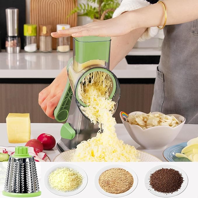 Cheese Grater with Handle,Multifunctional Rotary Cheese Grater,Kitchen Cheese Shredder Can Easily Chop Vegetables,Potatoes,Carrots,Etc.The Suction Cup is Stable and Easy to Clean (green)