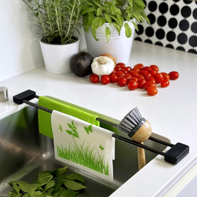Sanni Shoo drip.line Pure drip Tray/Rack, Practical, Multifunctional Kitchen Rack for Storing dishcloths and Brushes, drip Drying Bottles, extendable, Heat-Resistant (Black Steel Edition, Pure)