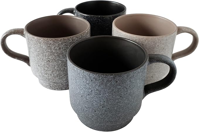 14oz Classic Stackable Ceramic Coffee Mugs, Assorted Colors - Set of 4 Space Saving Durable Stacking Cups with Speckled Finish