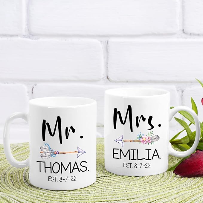 Custom Name With Est Mug, Couple Set Coffee Mugs, Personalized Mrs & Mr Ceramic Mug, Wedding Mug Set Of 2, Customized Couple Mug Design For Wife And Husband, Custom Couple Cup White 11oz Or 15oz