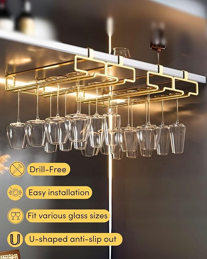LINFIDITE Gold Under Cabinet Wine Glass Holder, 2 Pack, Space Saving, Easy Installation, Anti-Skid, Compact Design, Sturdy Materials, Affordable Gift