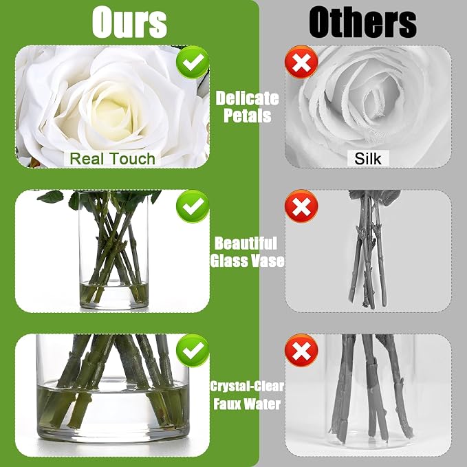 BLEUM CADE Luxury PU Fake Flowers in Vase with Faux Water, White Real Touch Roses Artificial Flowers with Glass Vase for Office Home Dining Room Centerpiece Table Decorations