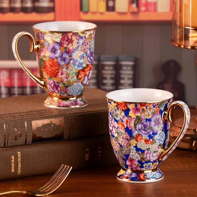 KAMMAK Ceramic Teacups - 350ml/11.8oz Coffee Cup - Set of 2 Hand-Painted Ceramic Cups - Small Vintage Mate Cup - Cute Mugs for Women - Ideal for Birthday, Afternoon Tea & Housewarming Gifts
