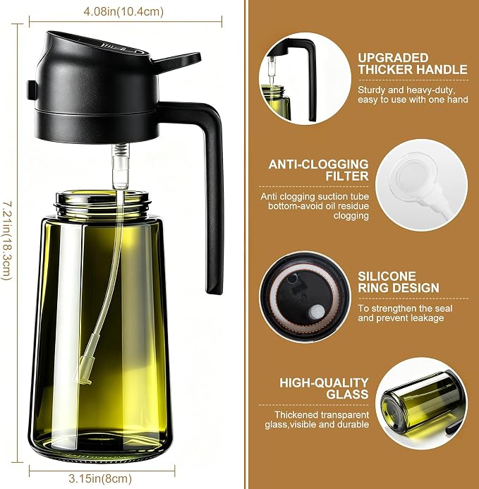 Poshetion 2 in 1 Olive Oil Sprayer for Cooking, 16oz Light-Proof Oil Dispenser for Kitchen, Leak-Proof Oil Spray Bottle for Air Fryer, Salad, BBQ, Baking, Grilling - Black & Black