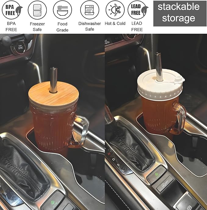 Ribbed Glass Cups with Bamboo Lids and Straws, Iced Coffee Tumbler with Handle, Mason Jar with Lid 24oz - Wide Mouth Drinking Glasses, Boba Cup Smoothie Tumbler Iced Coffee Cups, 2pack (Retro)
