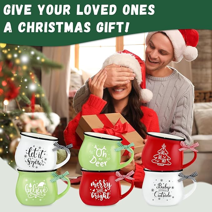 Christmas Coffee Mug Set of 6, 12 oz Hot Cocoa Ceramic Coffee Mug, Stackable Mugs as Christmas Gift for Mom Woman Family Friends Colleagues