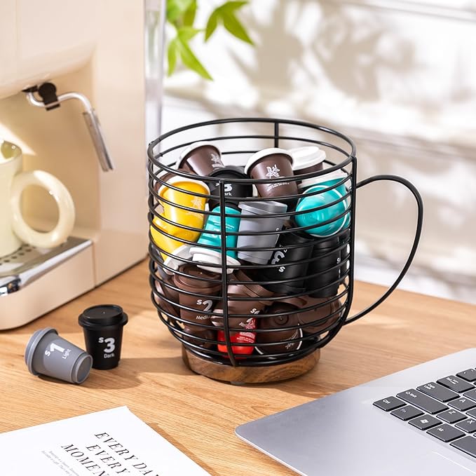 Coffee Pod Holders for Counter With Acacia Wood Base- K Cup Holders for Counter - Coffee Pods Storage Organizer - Coffee Bar Accessories - Large Capacity Black Wire Kup Storage with Wooden Stand