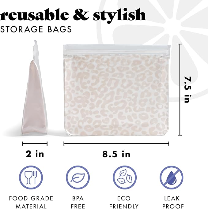 Fit & Fresh Reusable Sandwich Bags (3 Pack) – Leakproof Reusable Food Storage Bags, BPA-Free, Freezer Safe, Eco Friendly Bags for Snacks, Lunch, Meal Prep, Ivory Feline Fine