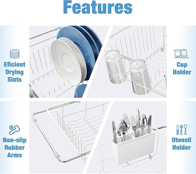 JASIWAY White in Sink Dish Drying Rack, Expandable Stainless Steel Small Dish Rack Over Kitchen Sink, Plate Drainer Strainer with Utensil Holder & Cup Holders, Counter Space Saving Wire Dryer Rack