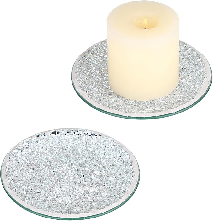 OwnMy 2PCS Mosaic Glass Pillar Candle Holder Plates and Trays, 6 Inch Glass Mosaic Candle Bases Coasters Decorative Pillar Candle Stands for Wedding Table Centerpiececs, Silver