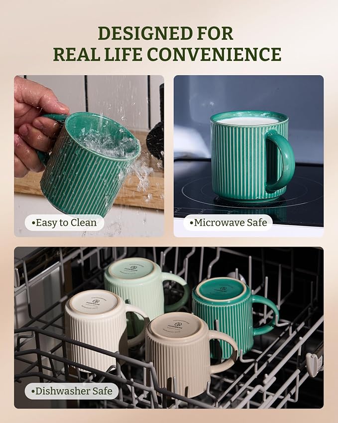 famiware Coffee Mug Set for 6, Star 12 oz Catering Mugs Cup Set with Handle for Coffee, Tea, Cocoa, Milk- Ceramic Stoneware Drinkware Set, Sage Green