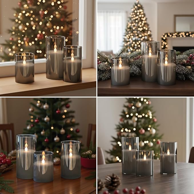 GenSwin Gray Glass Battery Operated Flameless Led Candles with 10-Key Remote and Timer, Real Wax Candles Warm White Flickering Light for Home Decoration(Set of 3)