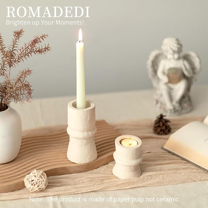 Romadedi Candlestick Holders Boho Decor: Taper Candle Holders Paper Mache for Living Room Modern Decorations White Candle Stick Dining Table Centerpiece Fireplace Home Decoration Beige