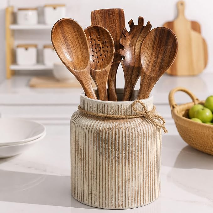 Farmhouse Ceramic Kitchen Utensil Holder for Countertop,Retro Country-Style Vertical-Striped Hemp Rope Design,Modern Kitchen Counter Organizer for Cooking Utensils ,Kitchen Decor & Decorative Vase