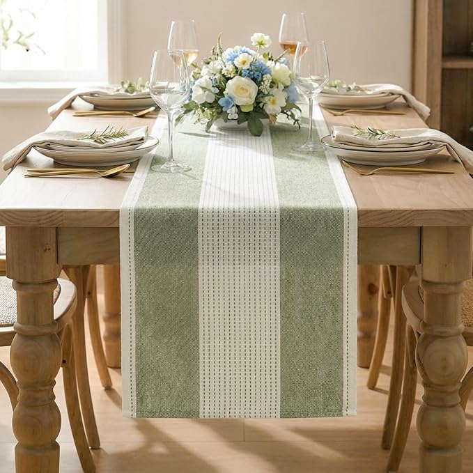 Artoid Mode Sage Green Farmhouse Rustic Table Runner, Seasonal Macrame Fabric Kitchen Dining Holiday Wedding Table Decor for Home Party 13x108 Inch