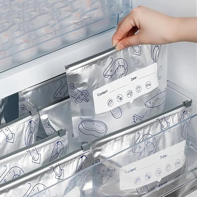 Reusable Aluminum Foil Sealable Storage Bags, 2025 New Resealable Vacuum Zipper Pouches for Food, Stand Up Foil Sealable Bags with Label and Zip Lock for Vegetable Fruit Meat (10PCS, Medium)