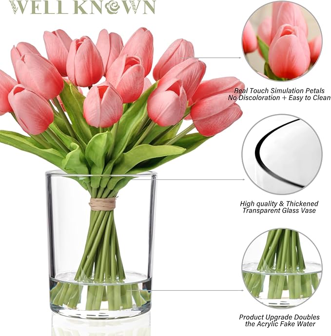 WELL KNOWN 20 Pcs Tulips Artificial Flowers in Vase, Real Touch Coral Pink Tulips with Glass Vase & Fake Water, Flower Arrangement Centerpiece for Dining Table Home Hotel Wedding Party Decor & Gift