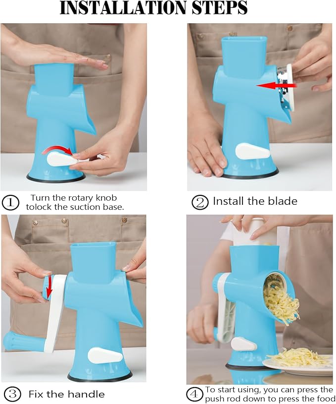 Cheese Grater with Handle,Multifunctional Rotary Cheese Grater,Kitchen Cheese Shredder Can Easily Chop Vegetables,Potatoes,Carrots,Etc.The Suction Cup is Stable and Easy to Clean (dark blue)