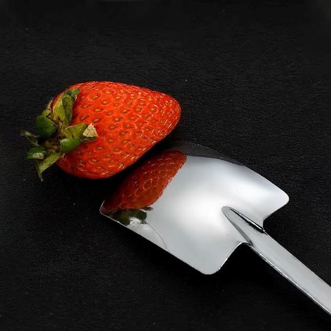2 Pcs (1 Set) Stainless Steel Shovel Spoons – Reusable Mini Dessert Spoons for Coffee, Tea, Ice Cream, Fruit, Sugar & Cake, Cute Shovel-Shaped Silver Spoons for Kitchen and Party Use (Black)