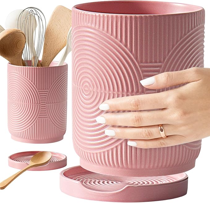 Utensil Holder, 7.2" Kitchen Utensil Holder for Counter, 2-in-1 Ceramic Cooking Utensils Holders with Spoon Rest, Utensil Crock for Spatula, Ideal Housewarming Gift (Pink)