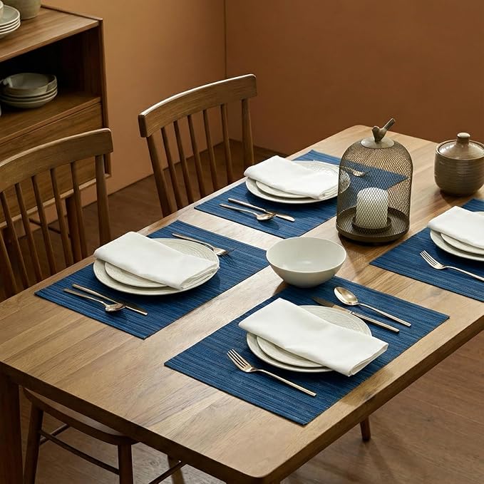 AHHFSMEI Placemats Set of 6 Woven Vinyl Non-Slip Heat Resistant Stain Resistant Easy Clean Place mats for Dining Table(Blue)