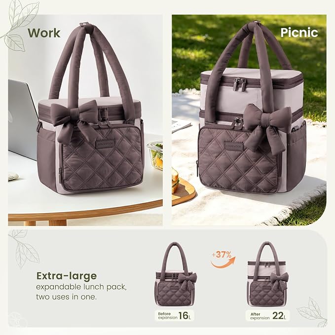 LOVEVOOK Insulated Lunch Bag Women,Expandable Double Deck Adult Lunch Box Women with Cup Holder,Bow Quilted Puffer Lunch Tote,Large Leakproof Collapsible Cooler Bag for Work College Picnic Meal Prep