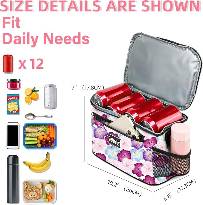 BEIMILY Lunch Bag for Women/Men,Reusable Lunch Box Small Lunch Bag Soft Sided,Leakproof Cooler Bag for Office Work Picnic Beach with Adjustable Shoulder Strap (lily flower)