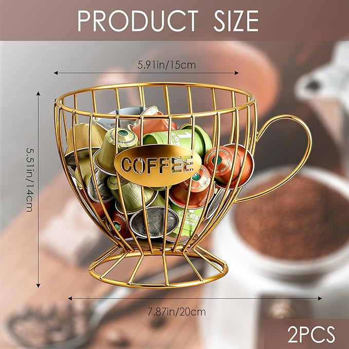 2-Pack Capsule Holder, Large Coffee & Tea Storage Organizer, Metal Basket for Countertop, Multi-Purpose Organizer for Home, Office, Cafe (Glod)