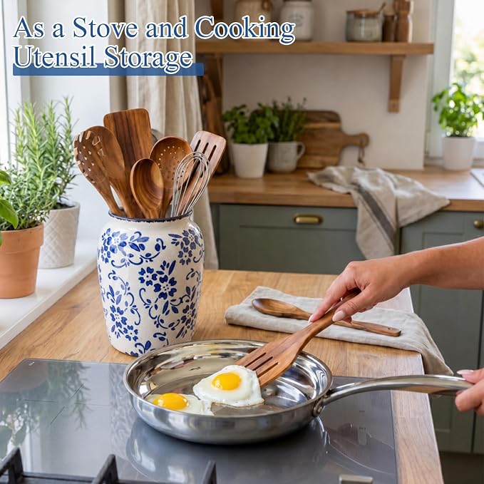 Vintage Kitchen Utensil Holder Chinoiserie Floral Ceramic Utensil Holder Crock Farmhouse Rustic Blue and White Kitchen Decoration for Countertop Organizer